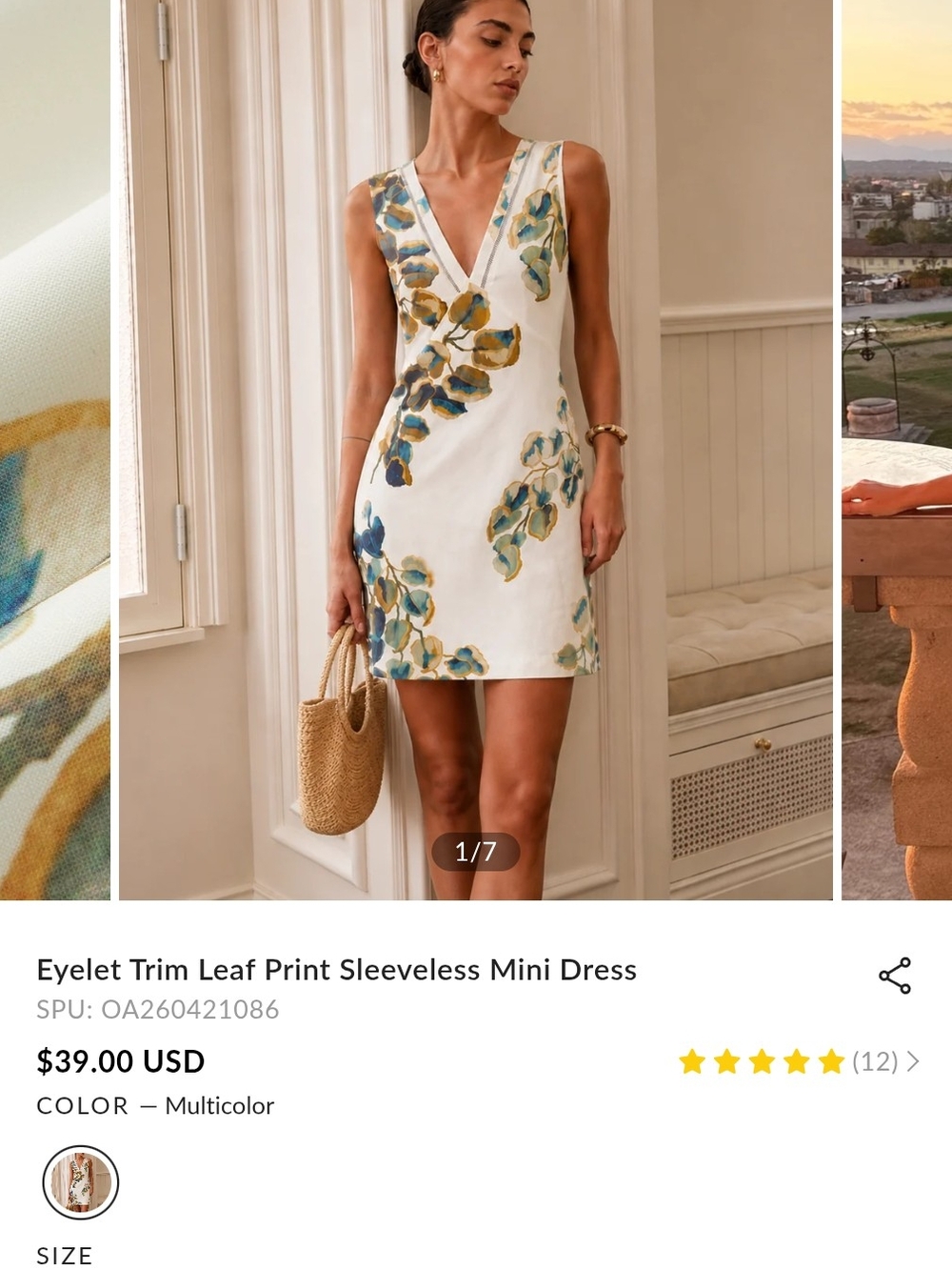 Commense Sleeveless V-Neck Leaf Print Mini Dress — White with Blue & Gold